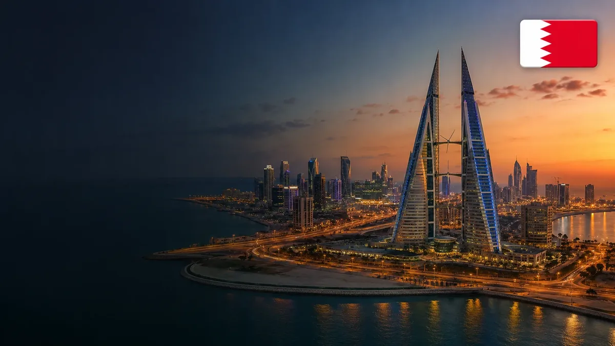 Manama skyline at dusk, a Gulf fresh fruit import market supplied by Imperial Fruits