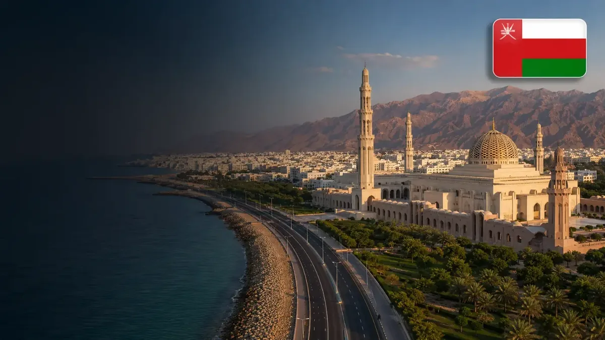Muscat coast and Grand Mosque, a Gulf fresh fruit import market supplied by Imperial Fruits