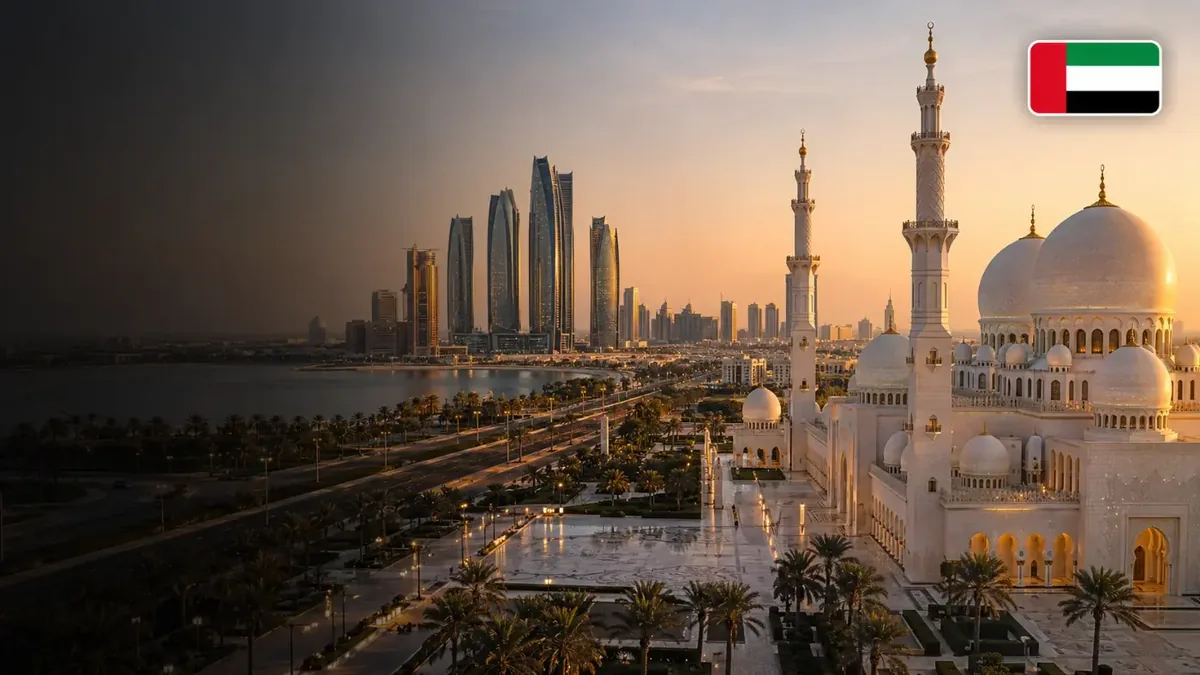 Abu Dhabi skyline and Grand Mosque, fresh fruit export market for Imperial Fruits