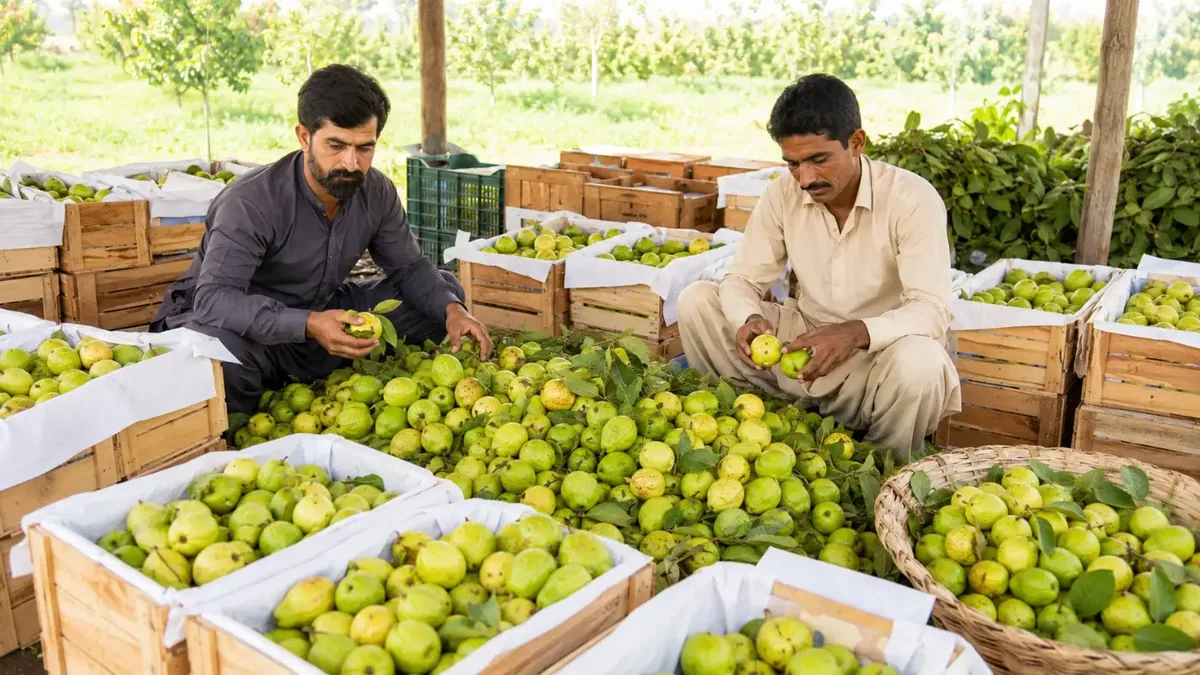 Workers sorting fresh Sindh guava in crates at farm level