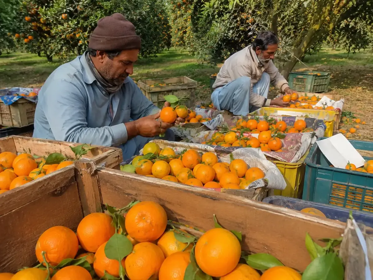 Fresh kinnow sorted into crates at the farm in Pakistan