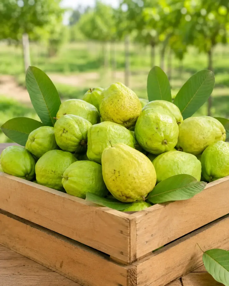 Fresh Pakistani white-flesh guava in a wooden crate from Sindh