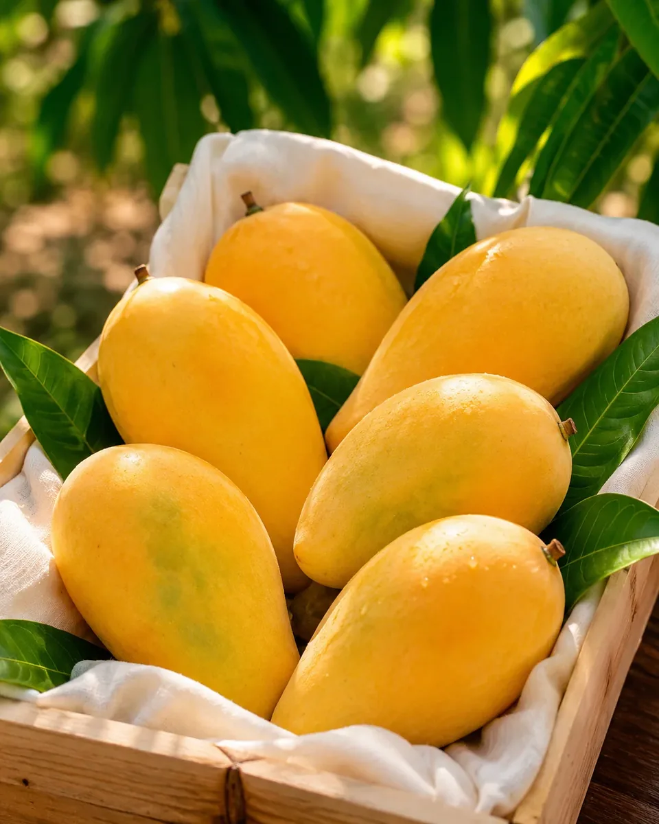 Fresh Pakistani Sindhri mangoes in a lined crate for bulk export